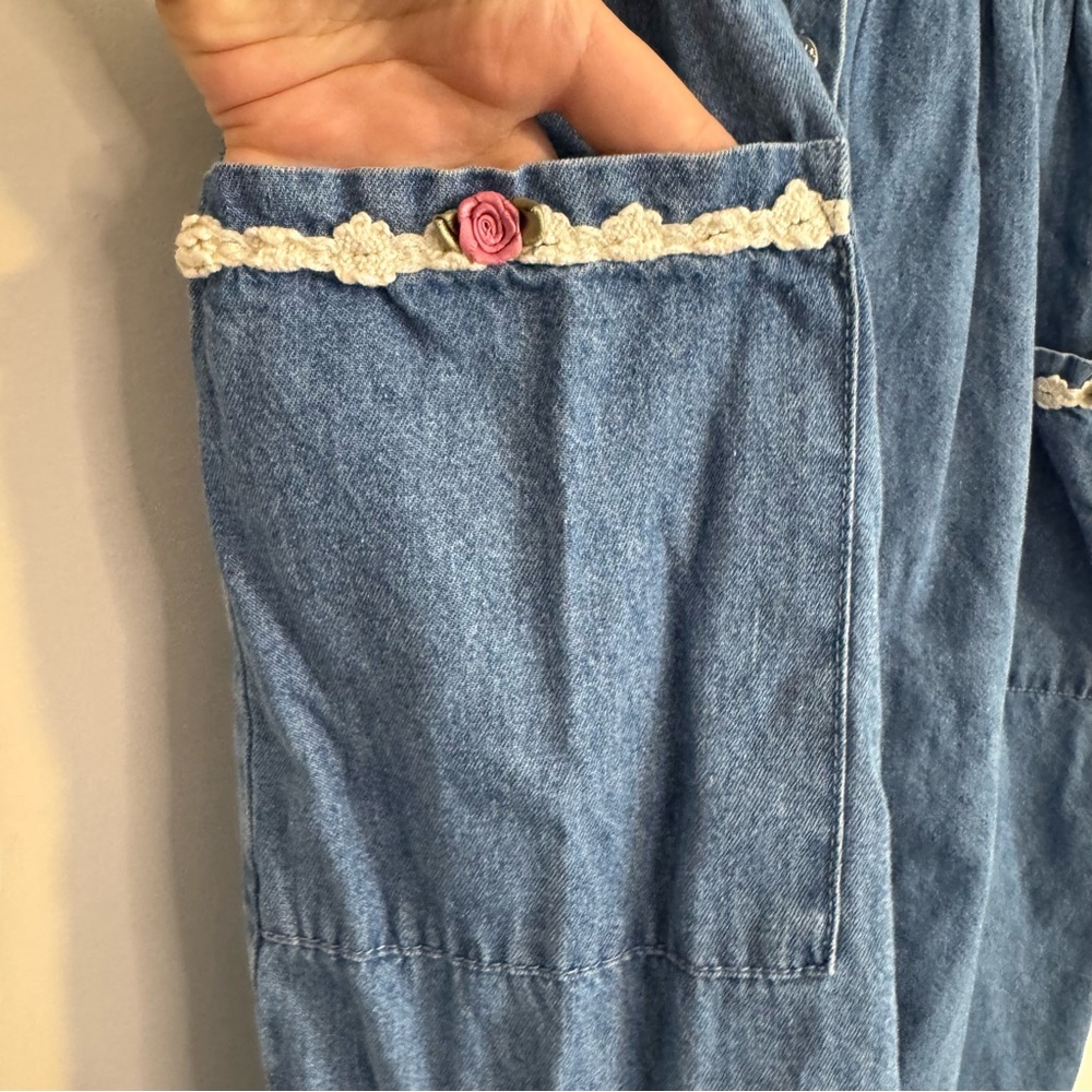 SOLDMy Michelle Vintage Blue Denim Modest Prairie Midi Button Down Dress Floral - Picture 5 of 9
